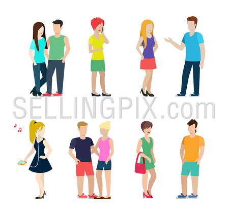 Flat style modern people in casual clothes icons situations web template infographic vector icon set. Couples sole sexy beast dating isolated. Men women lifestyle icons.