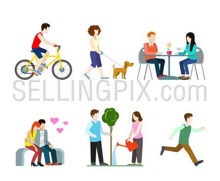 Flat high quality city street pedestrians icon set. Bicycle rider dog walker cafe table bench romantic lovers tree watering runner. Build your own world web infographic collection.