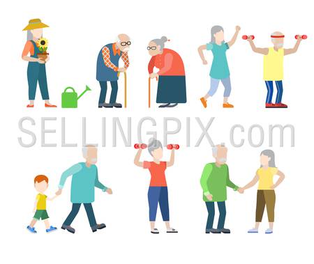 Flat style modern people icons oldies situations web template infographic vector icon set. Grey men women granny grandpa healthy lifestyle icons.