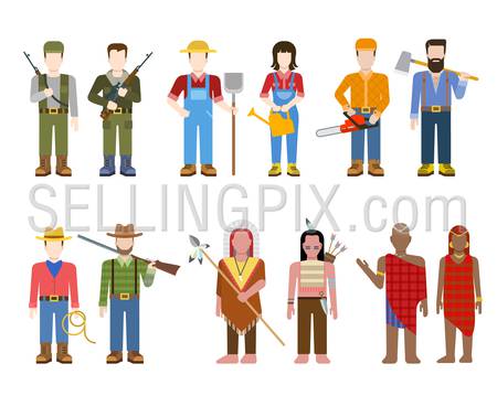 Military army officer commander Indian cowboy farmer builder lumberjack hunter Brahmin people in uniform flat avatar user profile icon vector illustration set. Creative people collection.