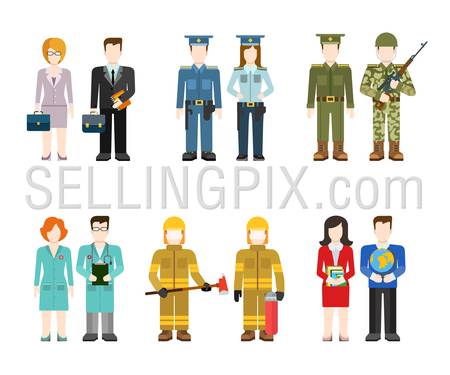 Military army officer commander businessman policeman doctor fireman teacher people in uniform flat avatar user profile icon vector illustration set. Creative people collection.