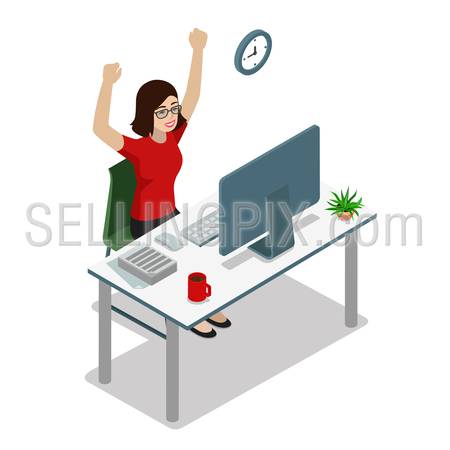 Flat style 3d isometric businesswoman manager accountant raising hands up. Success in business, well done work task concept. Creative people collection.