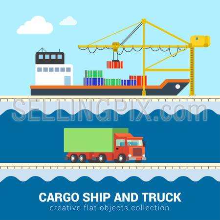 Flat 3d isometric funny cartoon cargo delivery sea ocean road transport icon set. Truck van automobile wagon motor lorry container ship port loading. Build your own world web infographic collection.
