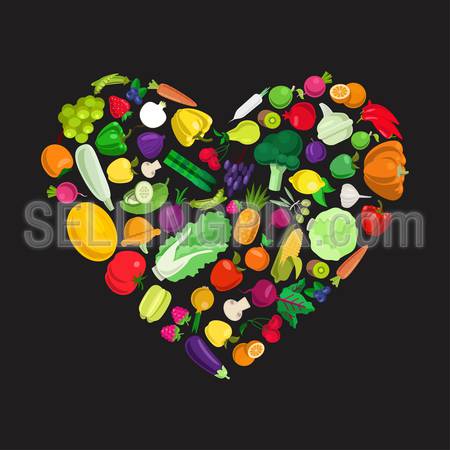 I love healthy food concept. Flat style heart shape form of tasty eco farm food icons. Stylish fresh icon set fruit vegetable berry mushroom plants conceptual. Farming food collection.