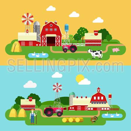 Flat style farm building green plants territory life outdoor banner set. Tractor cow goose farmer cowshed barn byre stall. Farming agriculture concepts collection.