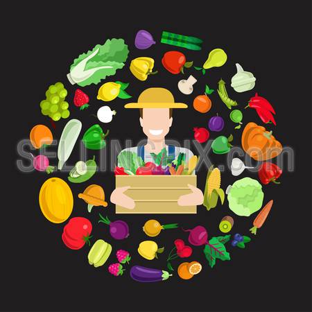 Flat style young happy smiling farmer with full harvest box. Stylish quality detail icon set farm fruit vegetable berry mushroom plants. Agriculture concept. Food farming collection.