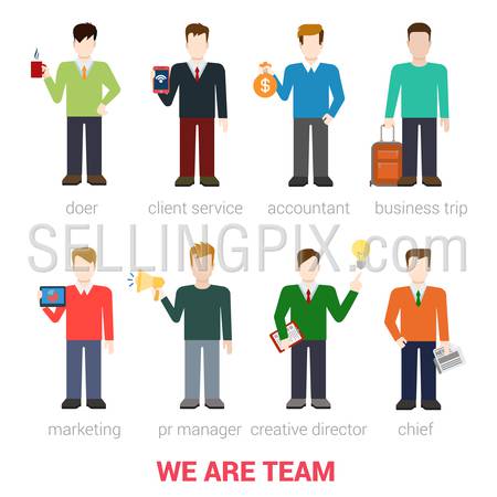 Flat style modern business people company team staff professionals icon web template infographics vector icon set. Doer client service accountant marketing PR manager creative director chief isolated.