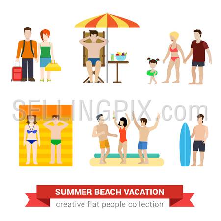 Flat style modern beach vacation people family lifestyle web template infographic vector icon set. Couple traveller sun lounge chair umbrella family sunbathing surfing. Men women lifestyle icons.
