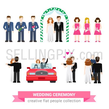 Super wedding ceremony marriage flat style infographic icon people set. Newlyweds wife husband bride groom dance best man groomsman bridesman usher honeymoon. Creative conceptual illustration collection.