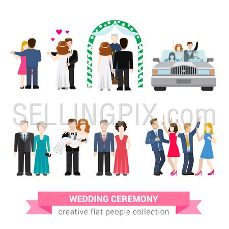 Super wedding ceremony marriage flat style infographic icon people set. Newlyweds wife husband bride groom dance guests groomsman bridesman usher honeymoon. Creative conceptual illustration collection