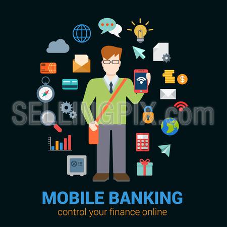 Flat style online mobile banking finance control access concept. Young man with tablet financial banking icon set around. Creative people business conceptual collection.