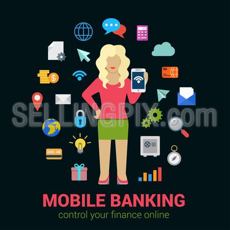 Flat style online mobile banking finance control access concept. Young blond woman with tablet financial banking icon set around. Creative people business conceptual collection.