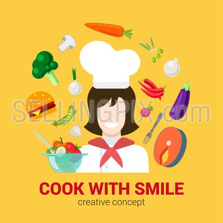 Flat style creative cooking fresh cook with smile concept. Happy smiling female kitchen professional chief and food ingredient icon set. Salmon fish steak salad burger mushroom vegetable.