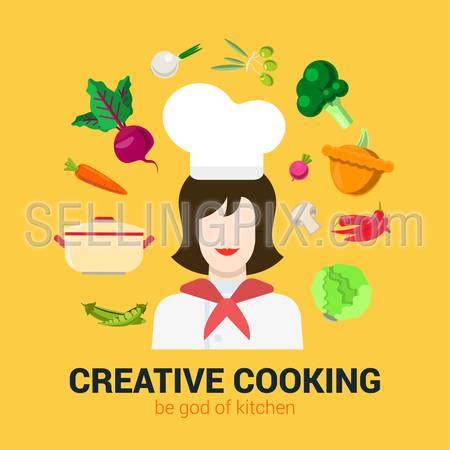 Flat style modern fresh creative cooking concept. Happy smiling female kitchen professional chief and vegetable soup food ingredient icon set. Cafe restaurant conceptual collection.