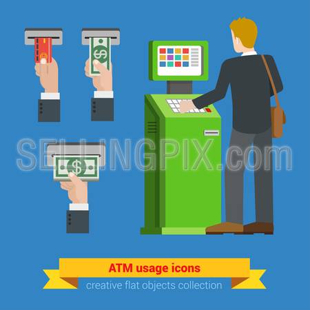ATM terminal usage bank credit card money banknote icons. Payment options banking finance money flat 3d web isometric infographic vector. Creative people collection.