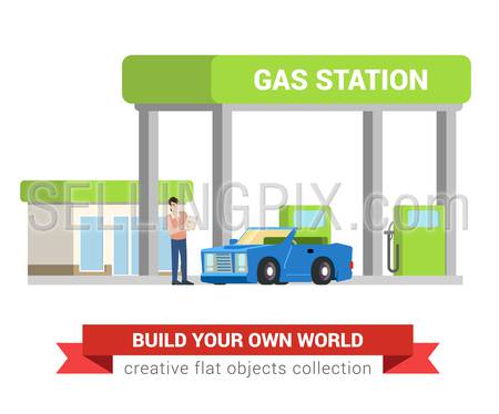 Car fuel refill process at gas refuel station. Young man and cabriolet. Flat style modern professional job related icon man workplace objects. People at work collection.
