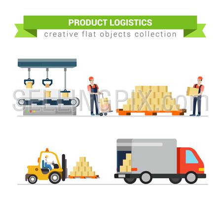 Logistics crate product package delivery service worker transport in process icon set flat modern web infographic concept vector. Pallet box loader truck loading process. Creative people collection.