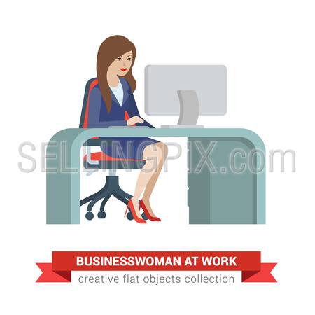 Flat style isometric young pretty beautiful businesswoman secretary assistant manager chief accountant boss at workplace. Creative people collection.