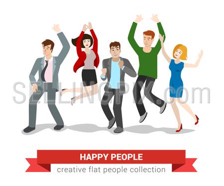 Happy smiling high jumping young people group. Flat style creative people collection.