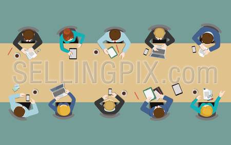 Office table top view business flat web infographic concept vector. Staff around table working tablet laptop empty background. Brainstorm report planning. Creative people collection.