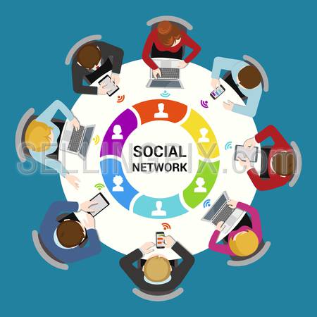 Social network usage concept. Round office table top view business flat web infographic concept vector. Staff around table using social media laptop tablet smartphone. Creative people collection.