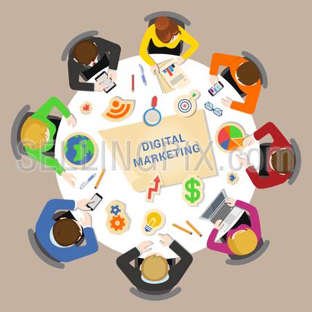 Digital marketing brainstorm concept. Round office table top view business flat web infographic concept vector. Staff around table chart bar circle diagram graphic. Creative people collection.