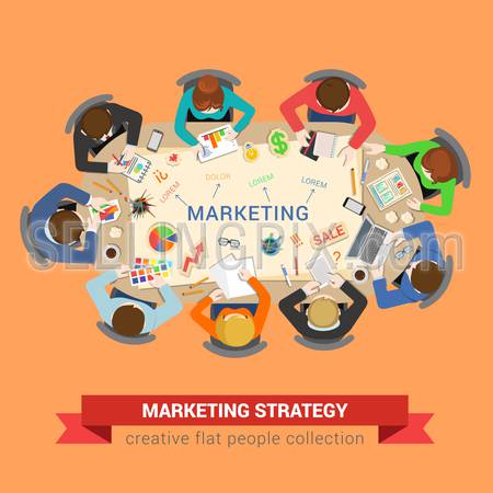 Marketing sale brainstorm concept. Round office table top view business flat web infographic concept vector. Staff around table chart bar circle diagram graphic. Creative people collection.