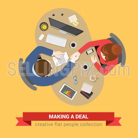 Handshake deal contract topview workplace. Office table top view business flat web infographic concept vector. Creative people collection.