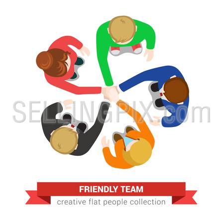 Friendly team hand on hand support motto. Office table top view business flat web infographic concept vector. Staff around table working. Creative people collection.