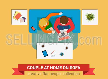 Couple on sofa surfing online flat web infographic concept vector. Staff around table working. Creative people collection.