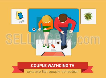 Couple on sofa watch TV flat web infographic concept vector. Staff around table working. Creative people collection.
