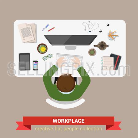 Office table top view business flat web infographic concept vector. Businessman accountant marketing workplace. Creative people collection.