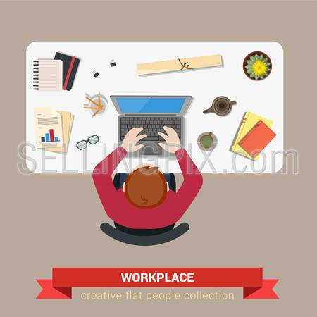 Office table top view business flat web infographic concept vector. Businessman accountant marketing laptop workplace. Creative people collection.