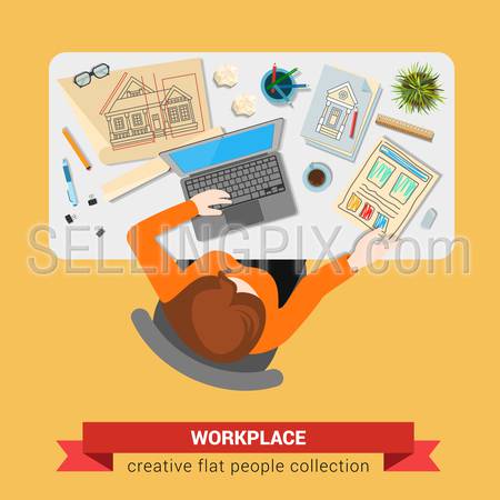 Office table top view business flat web infographic concept vector. Architect with sketch drawing laptop workplace. Creative people collection.