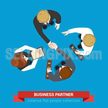 Business partner handshake deal contract meeting. Top view flat web infographic concept vector. Businessmen and assistants. Creative people collection.