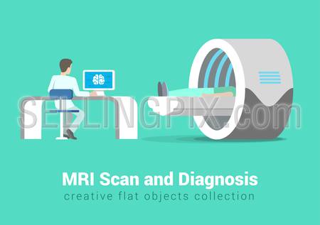 MRI scan and diagnostics process. Hospital patient and doctor in procedure room interior. Creative people healthy lifestyle collection.