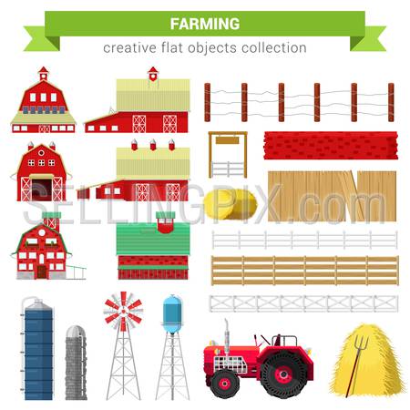 Flat style farming agriculture icon set. Farm rancho building barn mill container storage processing fence stack water tank tractor. Creative objects collection.