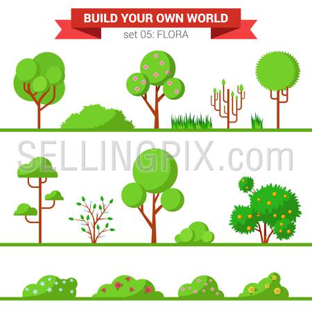 Flat style flora plant tree bush grass nature objects icon set. Build your own world collection.
