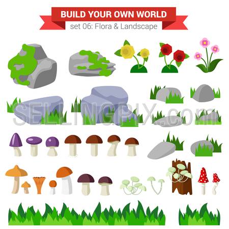 Flat style flora landscape environment stone flower mushroom moss bush grass nature objects icon set. Build your own world collection.