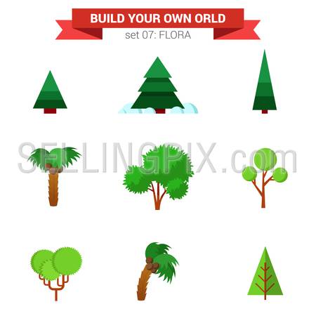 Flat style flora plant seasonal tree nature objects icon set. Pine fir coconut palm. Build your own world collection.