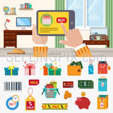Flat style online shopping concept icon set. Hand touch tablet web site product interface buy button box gift money coin dollar wallet sale label cart barcode. Modern technology creative collection