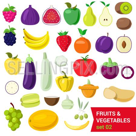 Flat style fancy quality set of fruit and vegetable set. Berry raspberry figs apple pear kiwi blueberry plum banana tomato eggplant pepper potato olive coconut grape melon. Creative food collection.