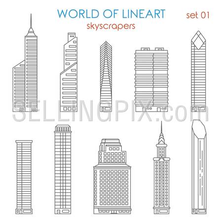 Architecture city skyscraper graphical lineart hipster style set. World of line art collection.