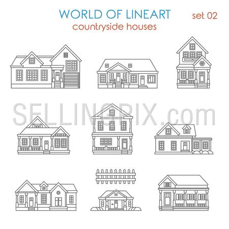 Architecture countryside house townhouse graphical lineart hipster set. World of line art collection.