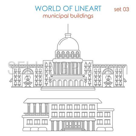 Architecture municipal government building graphical lineart hipster style set. World of line art collection.