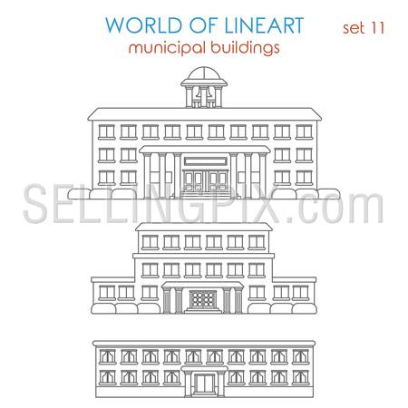 Architecture public municipal government school university college library police station hospital building graphical line art style icon set. World of lineart collection.