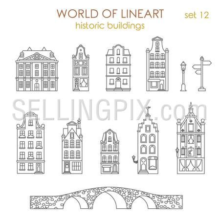 Architecture historic old buildings graphical lineart hipster style set. World of line art collection.