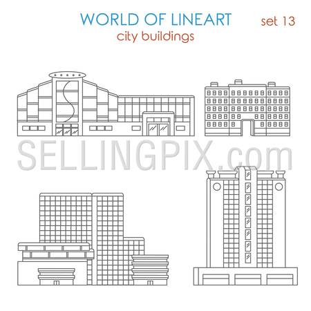 Architecture city public municipal mall business center estate building graphical lineart hipster style set. World of line art collection.