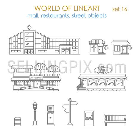 Architecture city public business estate building pharmacy coffee shop city environment object lantern ATM terminal urn bench restaurant local business graphical line art style icon set. World of lineart collection.