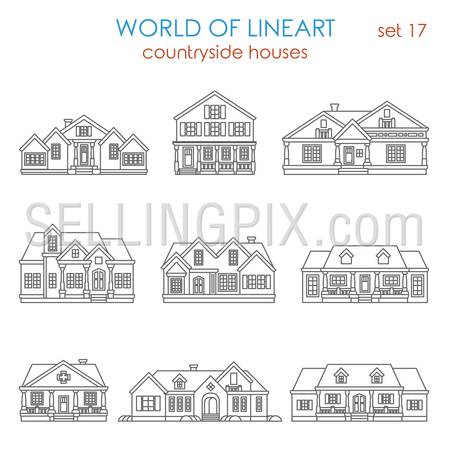 Architecture countryside house townhouse graphical line art style icon set. World of lineart collection.